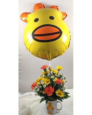 Chicken Soup Mug and balloon Flower Arrangement
