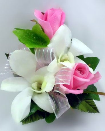 White Orchid with Pink Rose Corsage (wrist) Corsage