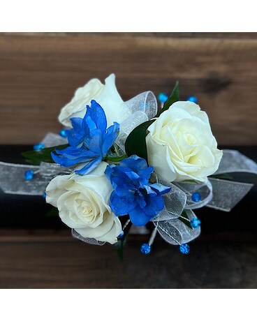 White Sweetheart Rose and Delphinium Corsage - BL Corsage