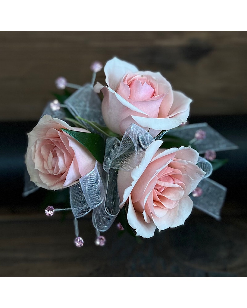 Corsage - 3 Lt Pk Sweets, Lt Pk Stones, Wht Ribbon in Stillwater