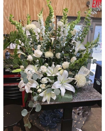 All White with Greens Sympathy Arrangement