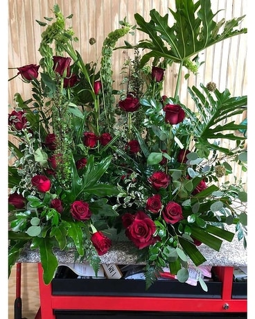 Red Roses with Greens Sympathy Arrangement