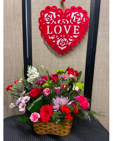 Be my Valentines Floral Basket Flower Arrangement