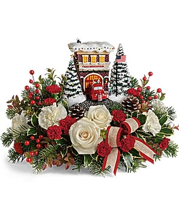 Thomas Kinkade's Festive Fire Station Bouquet Flower Arrangement