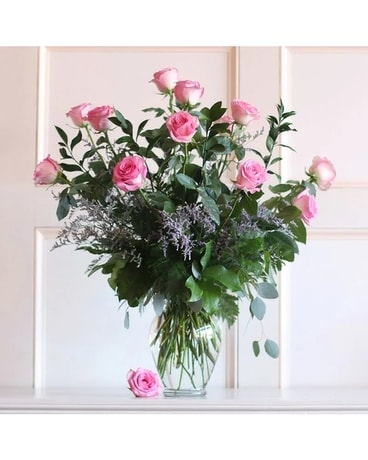 One Dozen Premium Pink Long Stemmed Roses Flower Arrangement