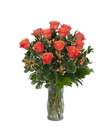 One Dozen Orange Roses and Berries Flower Arrangement