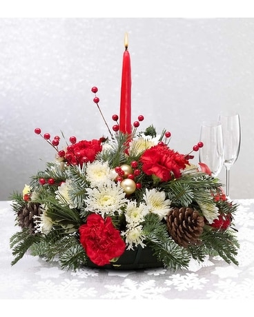 Single Candle Holiday Centerpiece Flower Arrangement
