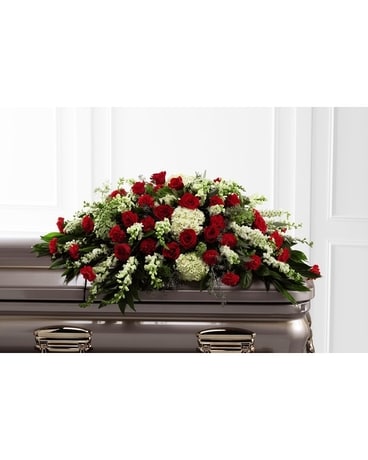 Crimson & White Casket Spray Sympathy Arrangement