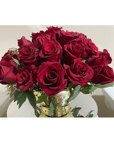 Red Roses in a Gold Bowl Flower Arrangement