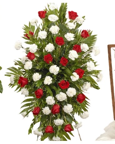 White Carnation And Red Roses Standing Spray Funeral Arrangement