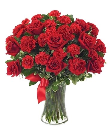 Red Roses/Red Carnations in a vase-24 Stems Flower Arrangement
