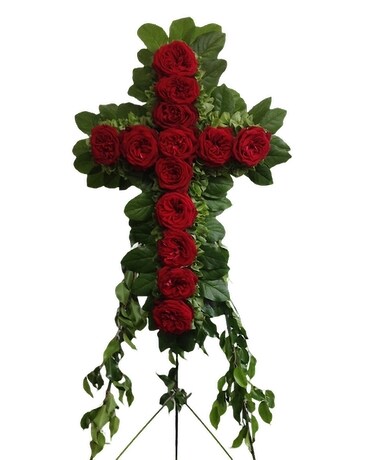 Standing Red Rose Sympathy Cross Funeral Arrangement