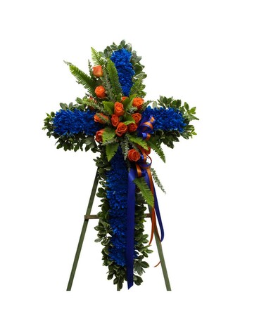 Blue Sympathy Standing Cross Funeral Arrangement