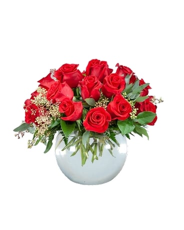 One Dozen Red Roses In a Fishbowl Flower Arrangement