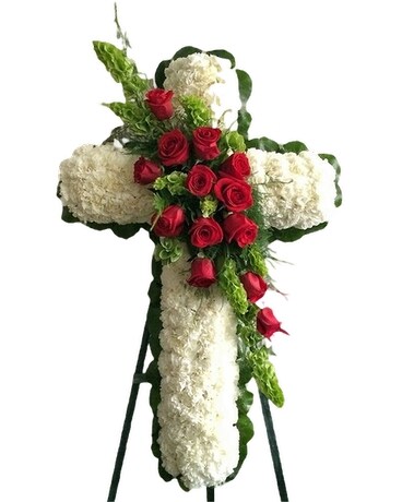 Red And White Standing Cross Funeral Arrangement
