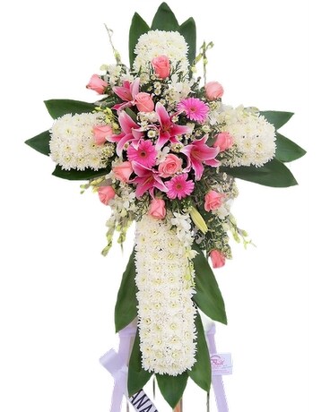 Pink And White Standing Cross Funeral Arrangement