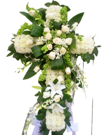 Green And White Standing Cross Funeral Arrangement