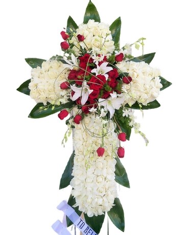 Red And White Standing Cross Funeral Arrangement