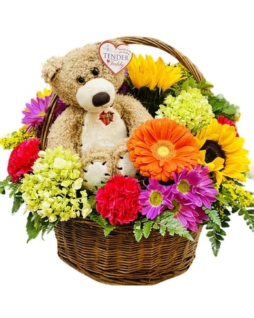 New Baby Flower Basket and Teddy Flower Arrangement