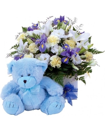 Baby Boom Flowers and Teddy Flower Arrangement