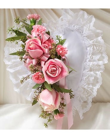 PINK SATIN HEART CASKET PILLOW Flower Arrangement