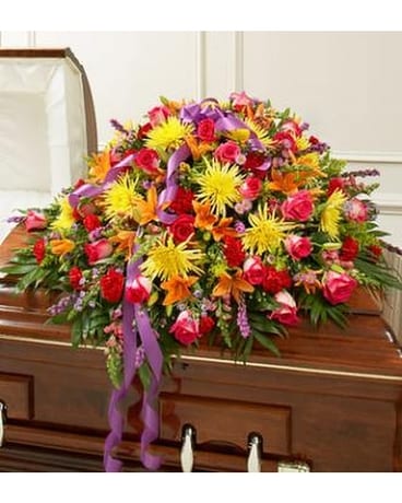 BRIGHT MIXED FLOWER HALF CASKET COVER Flower Arrangement