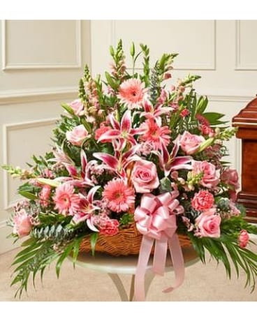 PINK MIXED FIRESIDE BASKET Flower Arrangement
