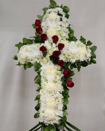 White Cross with Roses Flower Arrangement