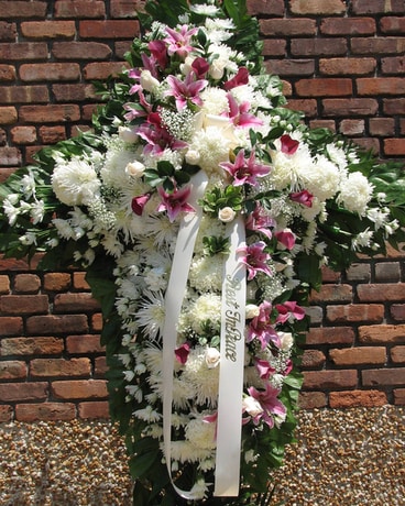 White with Pink & Lavender Sash Flower Arrangement