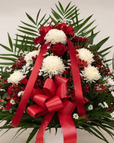 Red and White Basket Flower Arrangement