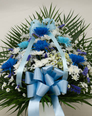 Blue and White Basket Flower Arrangement