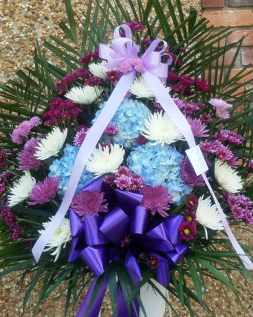 Standing Basket in Purple, blue & white Flower Arrangement