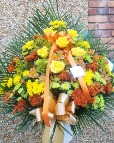 Standing Basket in Fall colors - yellows & browns Flower Arrangement