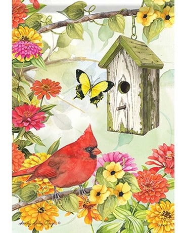 Cardinal Birdsong Garden Flag Flower Arrangement