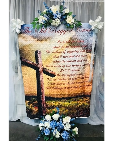 Old Rugged Cross Quilt on Stand with Silk Flowers Gifts