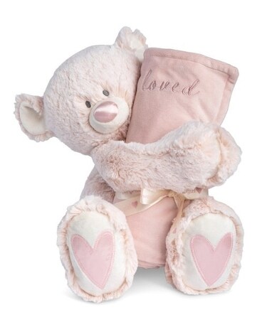 Teddy and Blanket - Pink Flower Arrangement