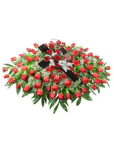 Rustic Memories Rose Casket Spray with Rustic Cros Funeral Arrangement