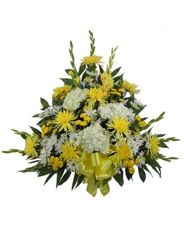 Sunshine Sentiments Glads and Hydrangea Mache Funeral Arrangement