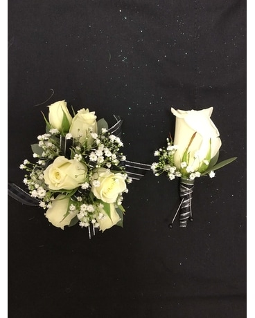 White, Silver and Black Prom Set Corsage
