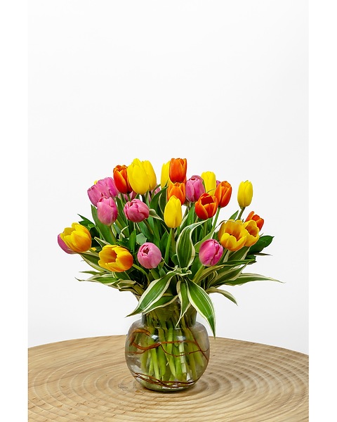 Three-colored Tulips with Greenery