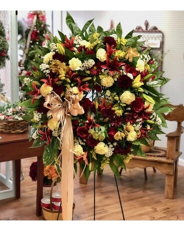 Burgundy and White Wreath Flower Arrangement