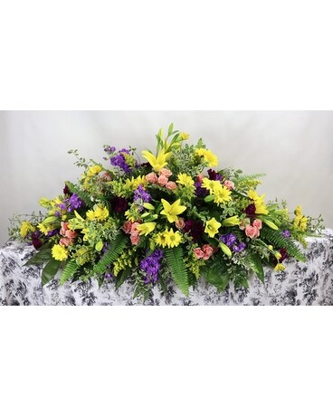 Yellow, Pink, and Lavender Casket Spray Funeral Casket Spray Flowers