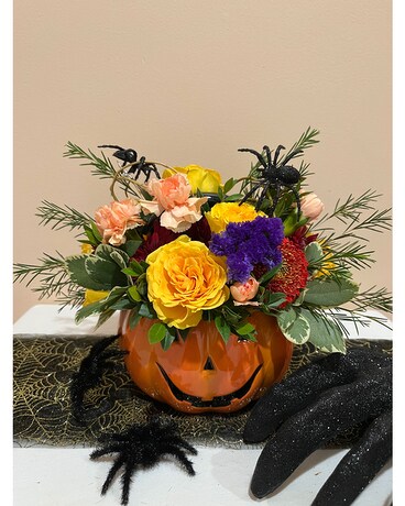 Spicy Halloween Pumpkin Flower Arrangement