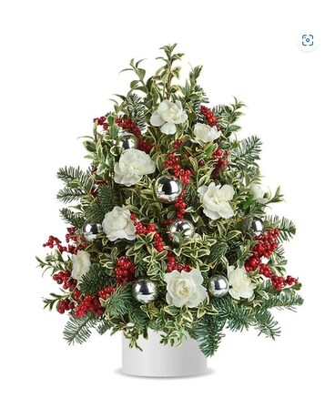 Snowcapped Christmas Tree Flower Arrangement