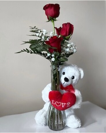 3 Red Roses with Love Teddy Bear Flower Arrangement