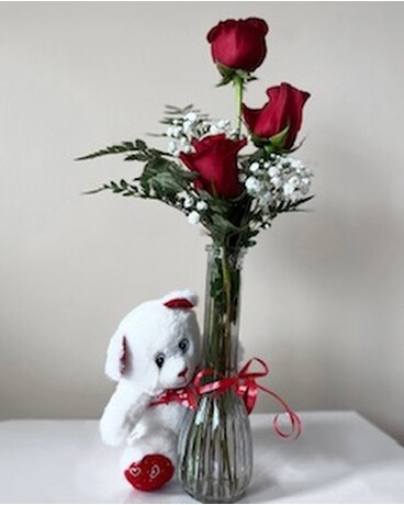 3 Red Roses with White Small Teddy Bear Flower Arrangement