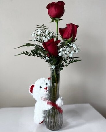 3 Red Roses with Small Valentine Bear Flower Arrangement