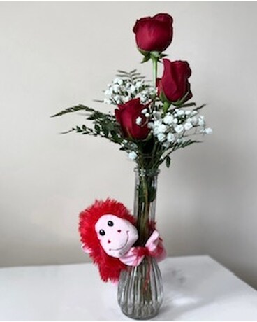 3 Red Roses with Small Monkey Flower Arrangement
