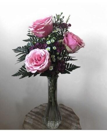 3 Pink Roses in a Vase Flower Arrangement