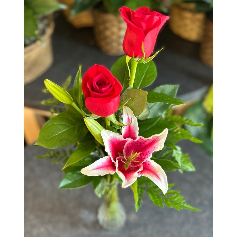 Red Rose and Lily Bud Vase